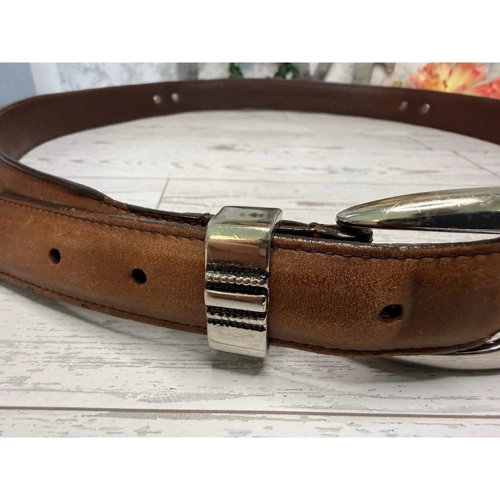 Vintage Brown Silver Tone Buckle Mens Belt Top Grain Leather Size 42 Fits to 44